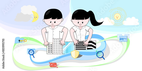 Illustration of a boy and girl protecting a computer and digital infrastructure, symbolizing modern cybersecurity. Visual elements include email spam protection, threat detection, firewall defence, ac