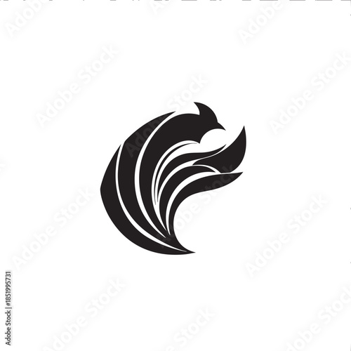 Stylized abstract graphic design featuring flowing black shapes against a white background