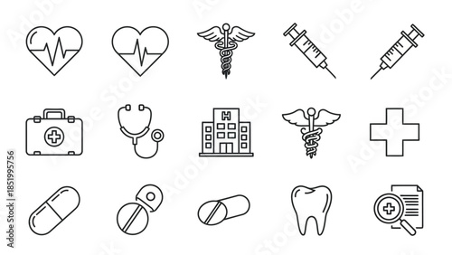 Outline Medical and Healthcare Icons Set for Hospital and Clinic Symbols on Isolated White Background