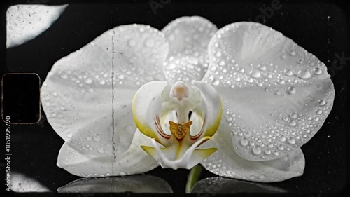 Close-up of a delicate white orchid with dew drops, dark background, vintage film frame
