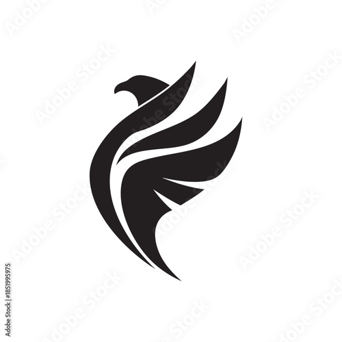 Stylized silhouette of a soaring bird or raptor with prominent wings presented in solid black against a white background