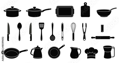 Kitchen Utensils Silhouette Icon Set – Black Cooking Tools and Cookware Vector Collection