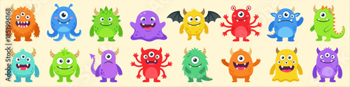 Cute Cartoon Monster Characters Set – Colorful Funny Alien Creatures Vector Illustration
