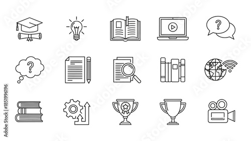 Education and Learning Outline Icons Set with Graduation Cap, Books, Laptop, and Trophies on an Isolated White Background