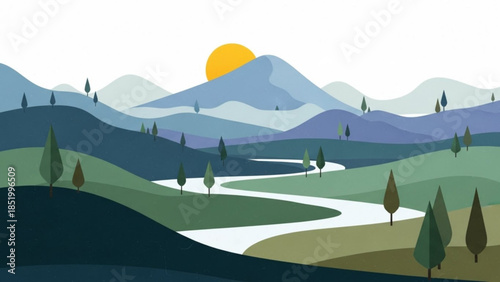 Serene landscape illustration with rolling hills and mountains at sunrise or sunset