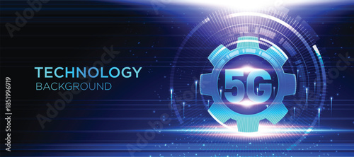 5G technology background with futuristic digital gear interface and glowing network concept. Modern abstract vector illustration for telecommunications, innovation, smart technology