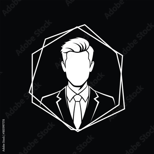 A monochrome illustration depicts a man in a suit within a geometric hexagon frame creating a professional and modern visual