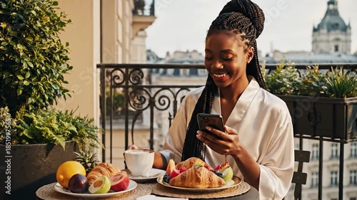 Woman sips coffee, uses phone on sunny city balcony, fresh fruit and croissants nearby