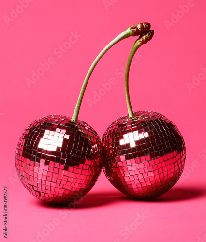 Two cherries made of disco balls on pink background	