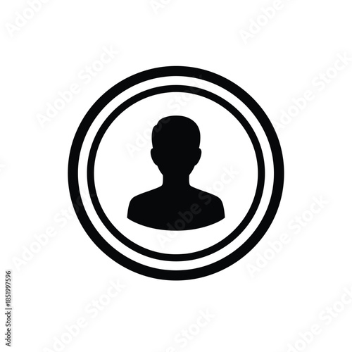 A simple black and white icon features a circular frame containing a silhouette of a person s head and shoulders