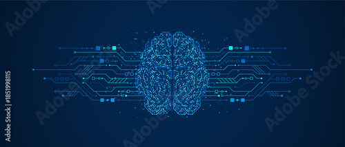Digital brain composed of glowing blue data points and circuit connections extending outward on dark background, representing artificial intelligence, data processing, and advanced technology systems.
