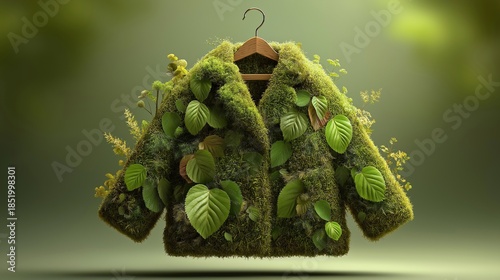 Conceptual sustainable fashion image featuring a jacket made entirely of living green moss and plants hanging against a blurred nature background.