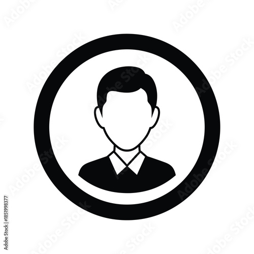 a simple black and white circular icon depicting the silhouette of a man s head and shoulders is shown