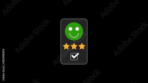 Customer Feedback Rating UI with Emoji Faces and Stars; Set of 3 Cards with Red Sad, Orange Neutral, and Green Happy Satisfaction Levels for User Experience Review on Black Background
