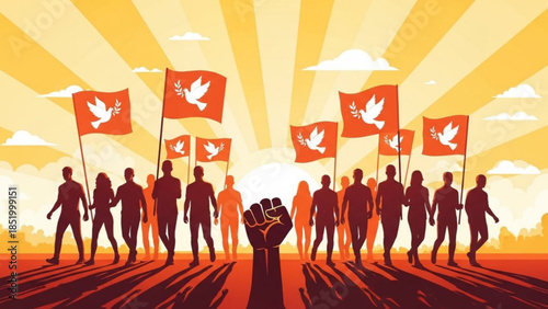Group of people marching with dove flags in a protest, orange and yellow background