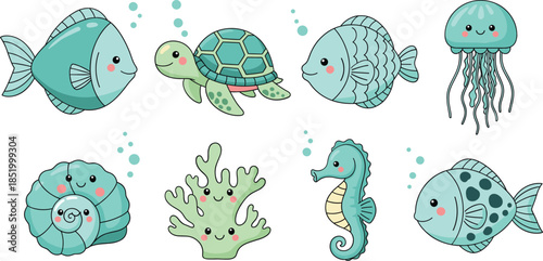 Adorable kawaii ocean creatures collection featuring fish turtle seahorse and coral flat vector