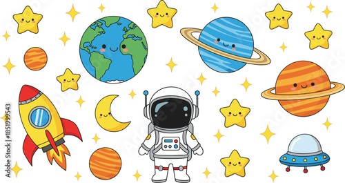 Adorable kawaii space characters collection featuring astronaut planets rocket and stars flat vector