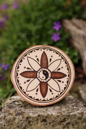 Mandala hand-burned into wood - pyrography