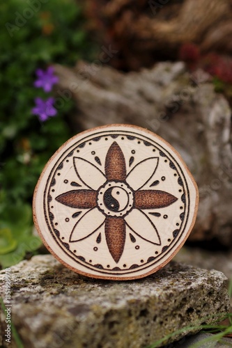 Mandala hand-burned into wood - pyrography
