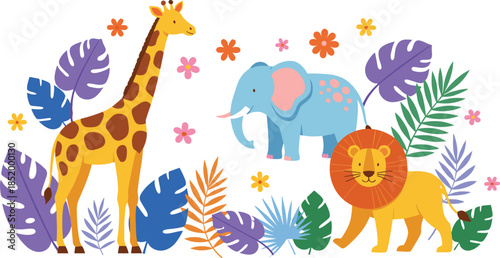 Adorable safari animal characters set with giraffe elephant and lion flat cartoon vector illustration
