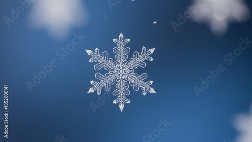 Large detailed snowflake on blue background with white clouds winter weather concept