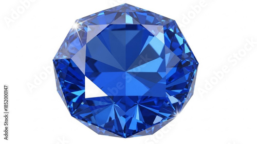 Large round brilliant cut blue gemstone with many facets on white background, sparkling and shining brightly, symbolizing luxury and elegance in jewelry