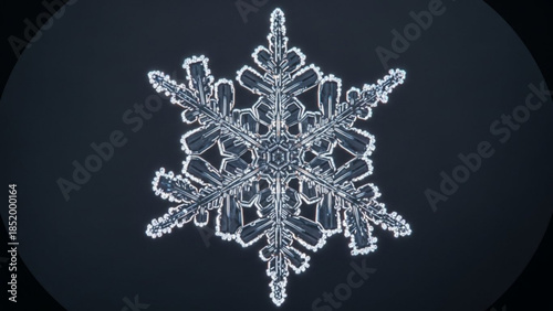 Large delicate snowflake crystal on dark blue background, intricate frost pattern