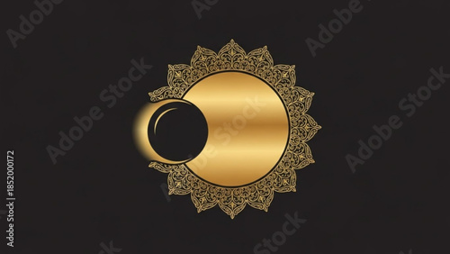Golden eclipse with ornate mandala design on dark background, solar eclipse with lunar overlap in shiny gold