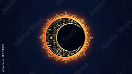 Glowing crescent moon with intricate golden patterns on a dark background, surrounded by starburst design elements, mystical and celestial illustration