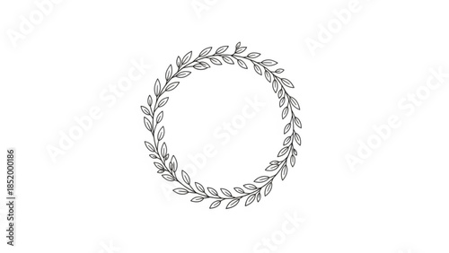 Elegant laurel wreath illustration, minimalist line drawing, simple yet sophisticated decorative element for designs, isolated on white background, perfect for weddings