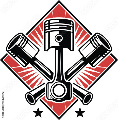 Vintage Engine Pistons Logo with Red Diamond Starburst Background, Retro Automotive Emblem Vector Design