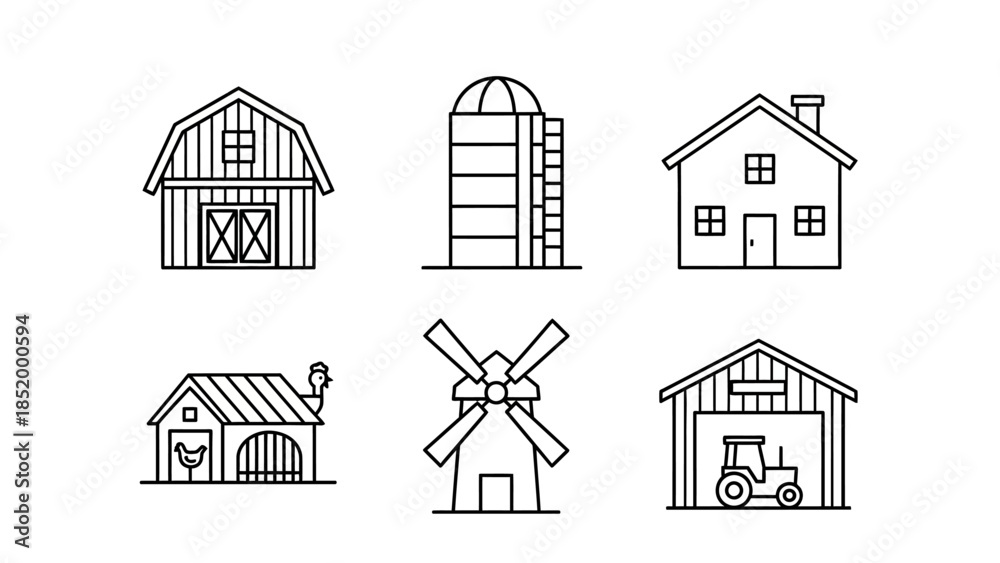 Fototapeta premium Collection of Simple Farm Buildings Including Barn, Silo, Windmill and House.