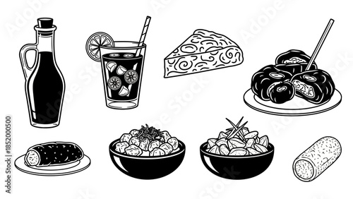 Assorted food and drink icons featuring pizza, bowls, beverages, and bread.
