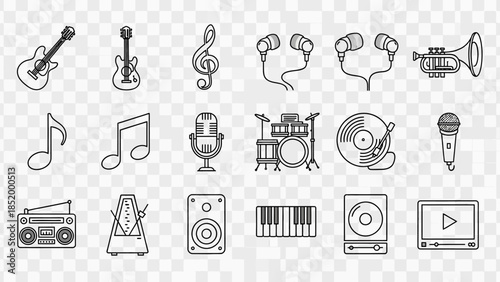 Collection of monochrome musical icons featuring guitars, microphones, drums, keyboards and more for creative projects.