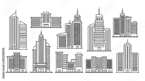 Stylized line drawing of a modern city skyline with multiple skyscrapers and varied building silhouettes.