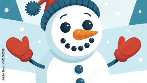 Cheerful Snowman Illustration, Flat Vector Winter Character with Blue Beanie and Red Mittens
