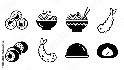 Assorted Japanese food icons including sushi, ramen, tempura, and dumplings depicted in black and white line art.