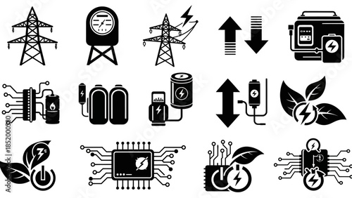 Collection of technology and energy infrastructure icons including transmission towers, clocks, cameras, and leaves.