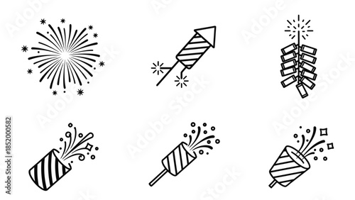 Collection of decorative celebration icons featuring fireworks and party poppers.
