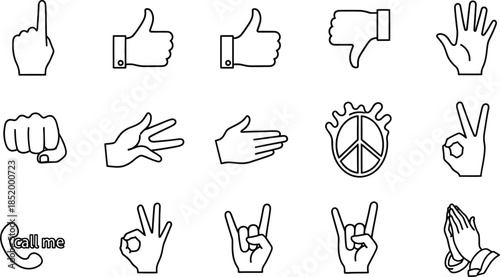 Hand Gestures and Communication Line Icon Set with Thumbs Up, Peace Sign, and Praying Hands Symbols