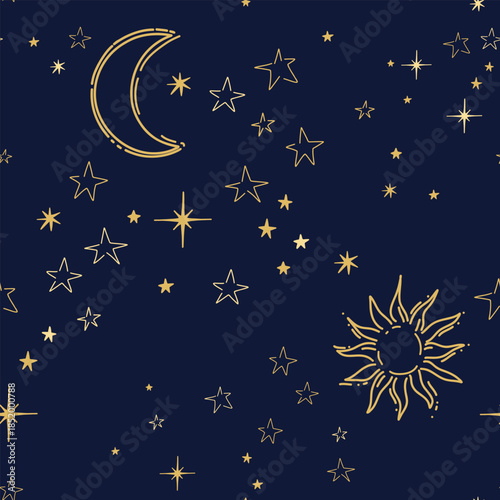 Hand drawn seamless pattern with golden stars, the sun and the moon on the dark blue night sky. Seamless Textile Design For Printing. Vector illustration.