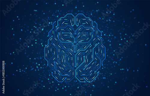 Digital brain formed by glowing blue circuit lines with central processing core on dark background, representing artificial intelligence, data processing, and advanced technology concept.