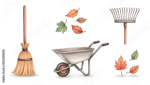 Watercolor illustration set of autumn garden tools broom, leaf rake, wheelbarrow, and colorful fallen leaves. Perfect for seasonal yard cleanup