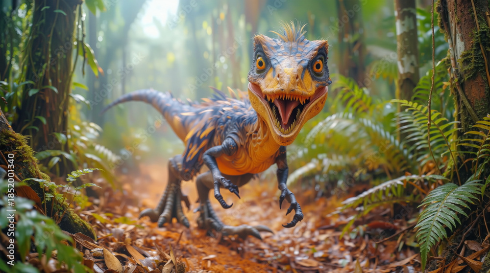 Fototapeta premium A dinosaur runs along a dirt path in a thick jungle filled with green plants. Sunlight filters through the trees, highlighting the creature's colorful skin and lively expression