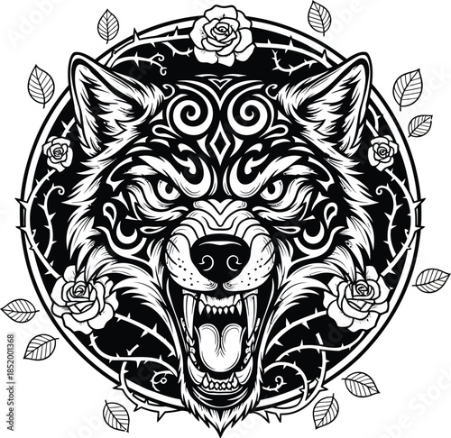 Aggressive Wolf Head Vector Illustration with Intricate Tribal Patterns and Rose Flower Wreath