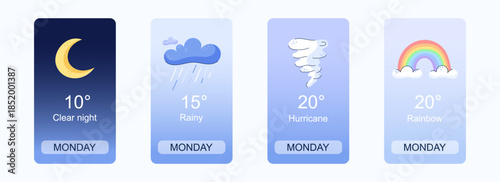 Mobile weather app interface design. Elements for weather forecast mobile app. Clear night, rainy, Hurricane and rainbow. Vector illustration. Temperature, weather condition user interface generator.