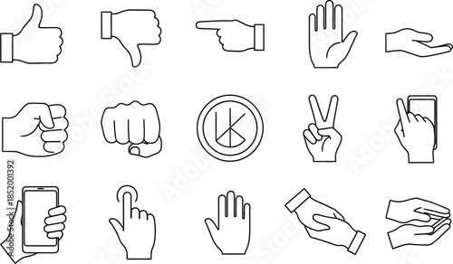 Hand Gestures and Touch Screen Communication Line Icon Set with Thumbs Up, Handshake, and Smartphone Interaction Symbols
