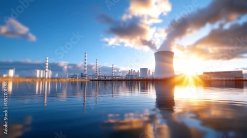 Industrial Dawn: A powerful image of an industrial facility, where chimneys billowing steam. Reflected in the calm water, symbolizes industry at sunrise and environmental impact. 