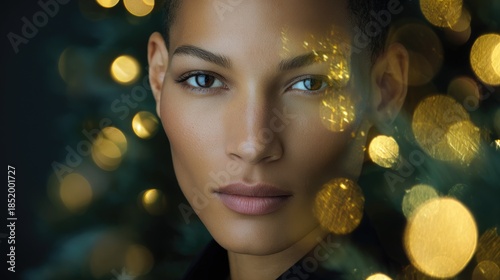 Close-up portrait of a young mixed-race woman with short hair. Soft bokeh lights in the background create a festive atmosphere.