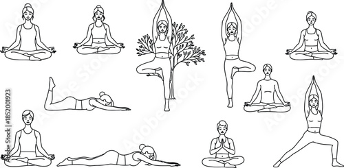 Yoga Poses and Meditation Line Art Set with Women in Lotus, Tree, and Cobra Positions